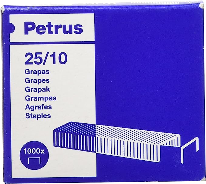 Petrus Caja de 1000 Grapas 25/10 Galvanizadas - Hasta 60 Hojas - Patilla de 10mm