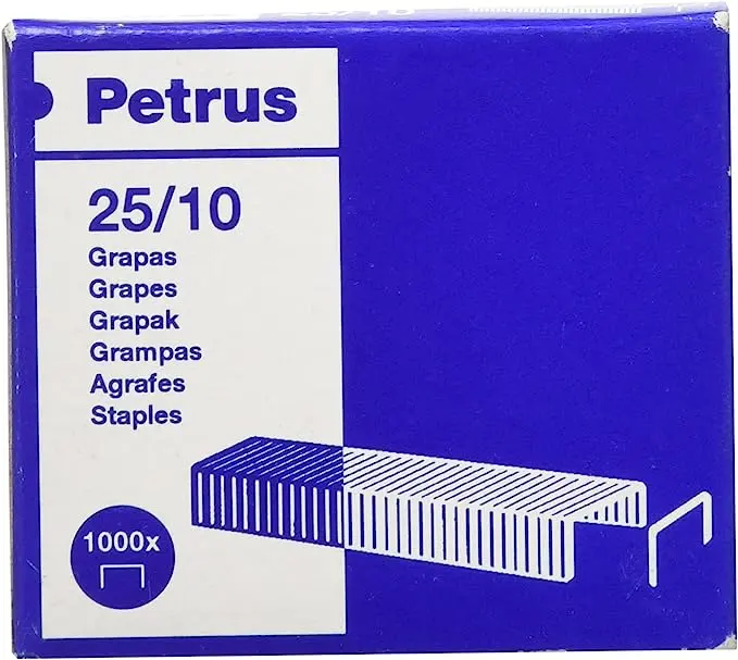 Petrus Caja de 1000 Grapas 25/10 Galvanizadas - Hasta 60 Hojas - Patilla de 10mm