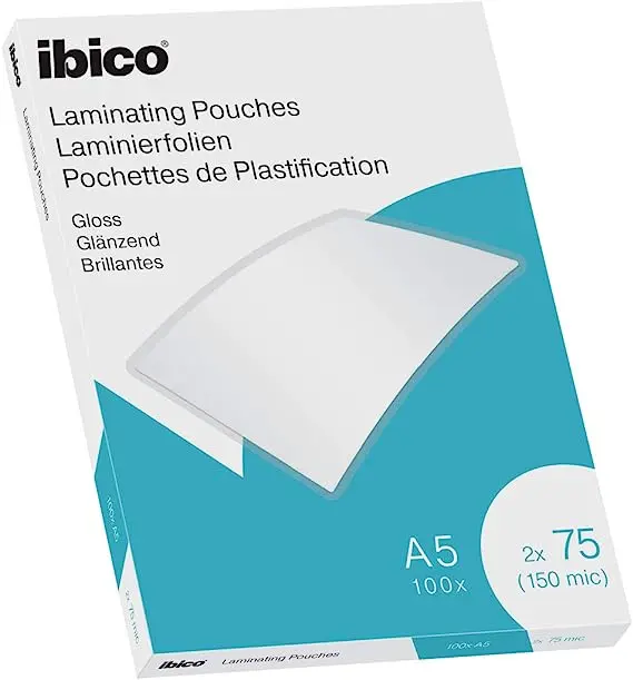 Ibico Caja de 100 Laminas para Plastificar Gloss A5 75 Micras - Acabado Brillante - Plastifica Papel