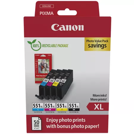 Canon CLI551XL Pack de 4 Cartuchos de Tinta Originales Negro, Magenta, Amarillo y Cyan + 50 Hojas de