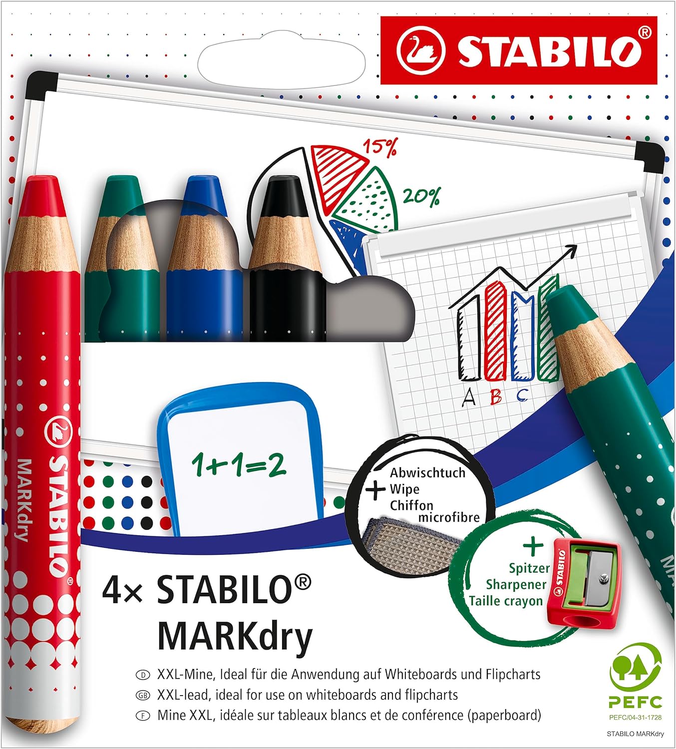 Stabilo MARKdry Pack de 4 Marcadores para Pizarra + Sacapuntas + Pa�o de Limpieza - Mina XXL de 10mm