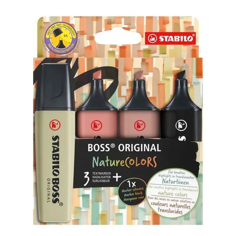 Stabilo Boss Naturecolors Pack de 4 Marcadores - Trazo entre 2 y 5mm - Tinta con Base de Agua - Colo