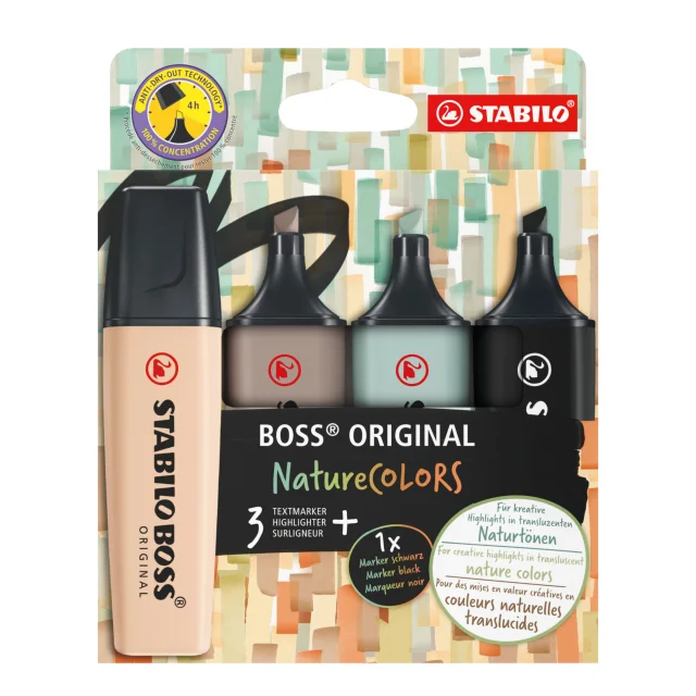 Stabilo Boss Naturecolors Pack de 4 Marcadores - Trazo entre 2 y 5mm - Tinta con Base de Agua - Colo