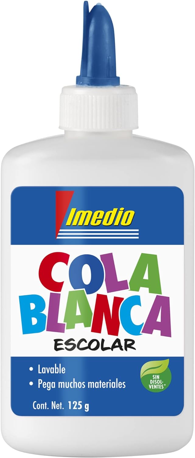 Imedio Cola Blanca Escolar 125gr - Sin Disolventes - Bote Blando Ideal para Nios - Con Espatula Inc
