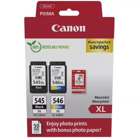 Canon PG-545XL/CL-546XL Pack de 2 Cartuchos de Tinta Originales + 50 Hojas de Papel Fotografico - 82