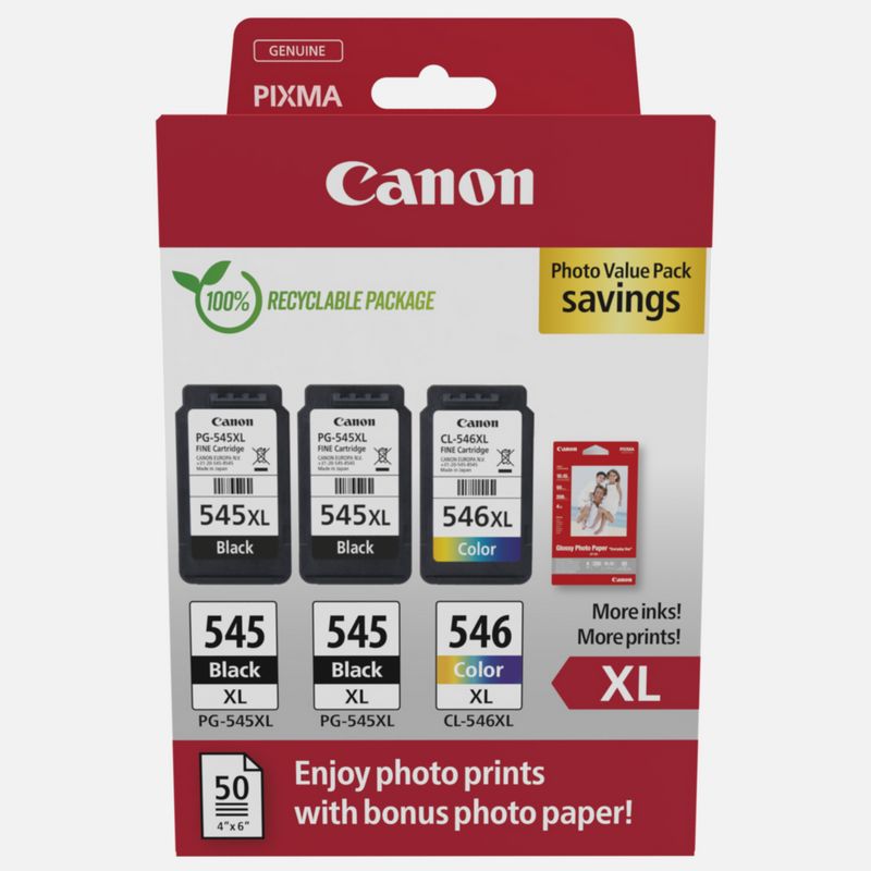 Canon PG-545XL/CL-546XL Multipack de 3 Cartuchos de Tinta Originales + 50 Hojas de Papel Fotografico