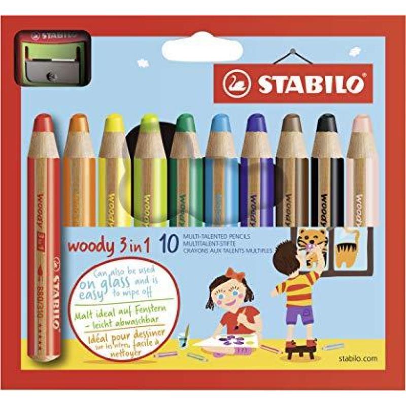 Stabilo Woddy 3 en 1 Pack de 10 Lapices de Colores + Sacapuntas - Lapiz de Color, Cera y Acuarela, T