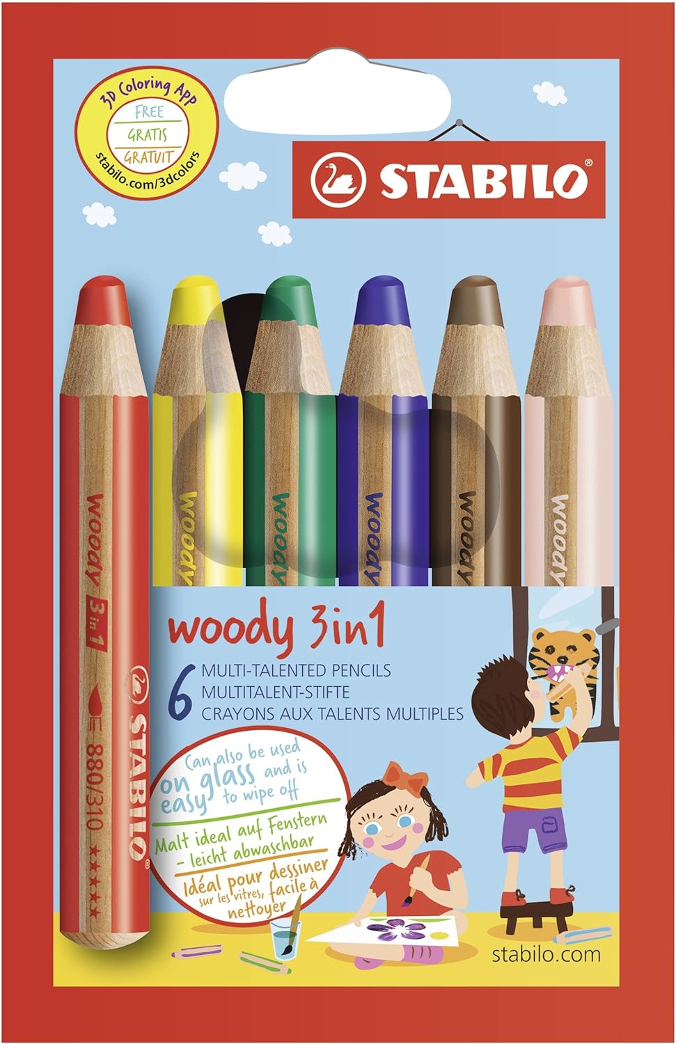 Stabilo Woddy 3 en 1 Pack de 6 Lapices de Colores - Lapiz de Color, Cera y Acuarela, Todo en Uno - M