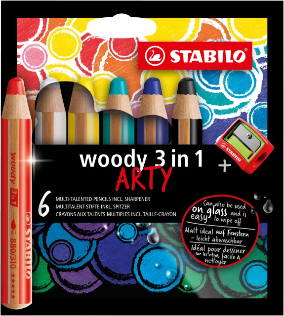 Stabilo Woddy 3 en 1 Arty Pack de 6 Lapices de Colores + Sacapuntas - Lapiz de Color, Cera y Acuarel