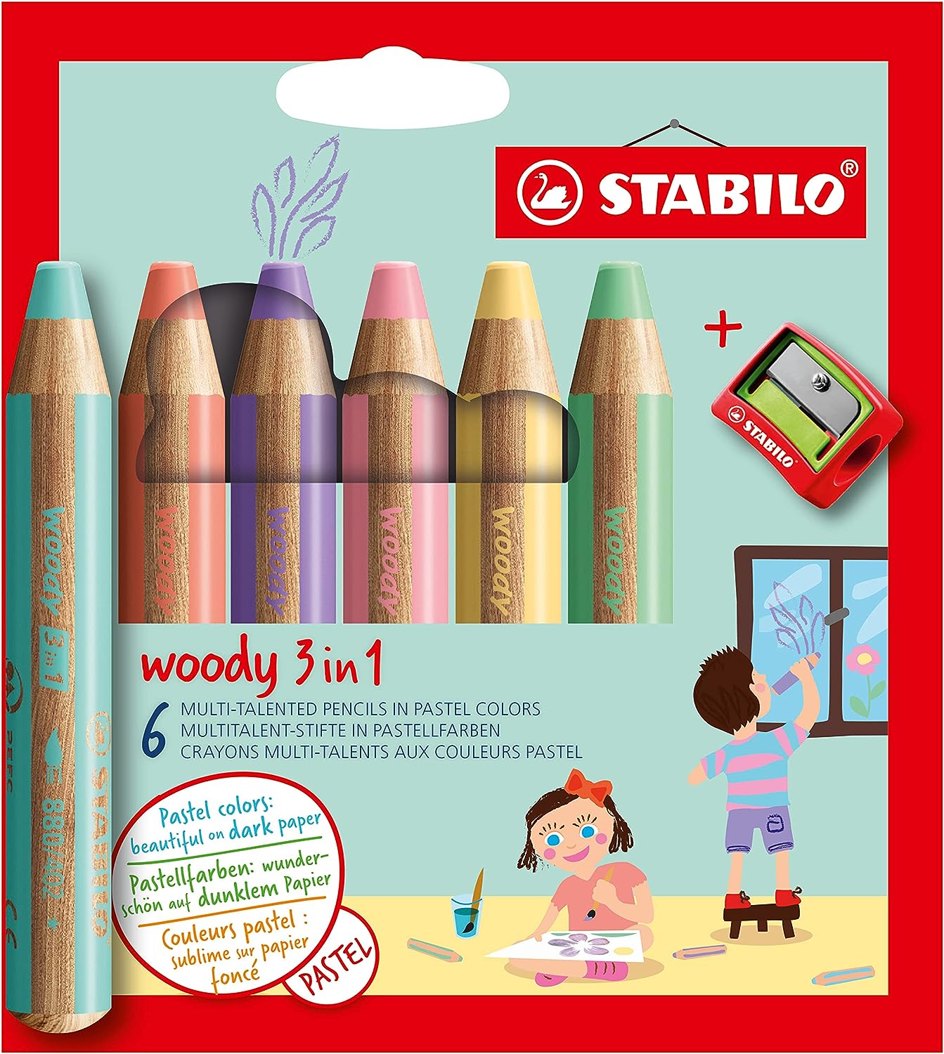 Stabilo Woddy 3 en 1 Pack de 6 Lapices de Colores Pastel + Sacapuntas - Lapiz de Color, Cera y Acuar