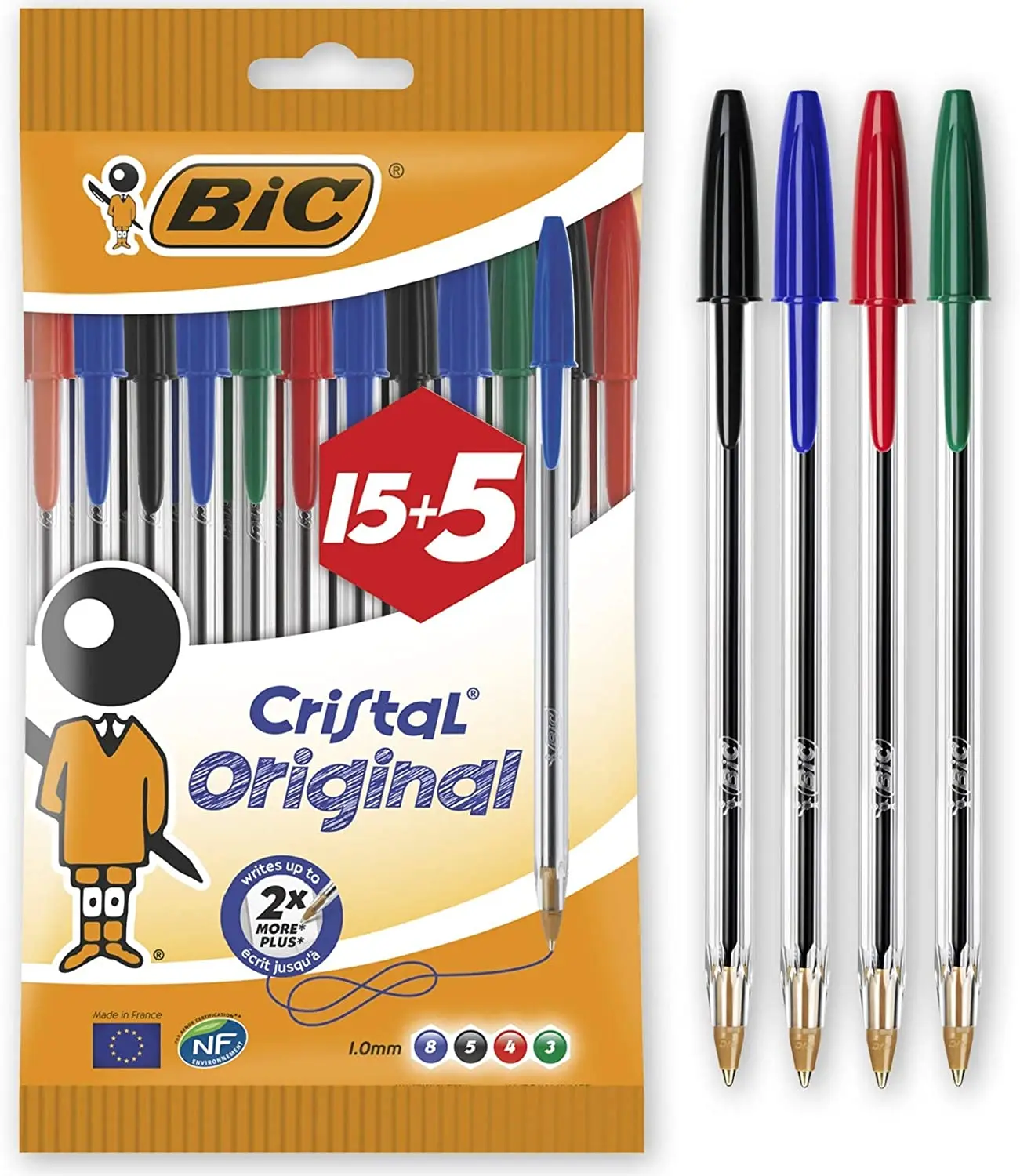 Bic Cristal Original 15+5 Pack de 20 Boligrafos de Bola - Punta Redonda de 1.0mm - Trazo 0.4mm - Tin