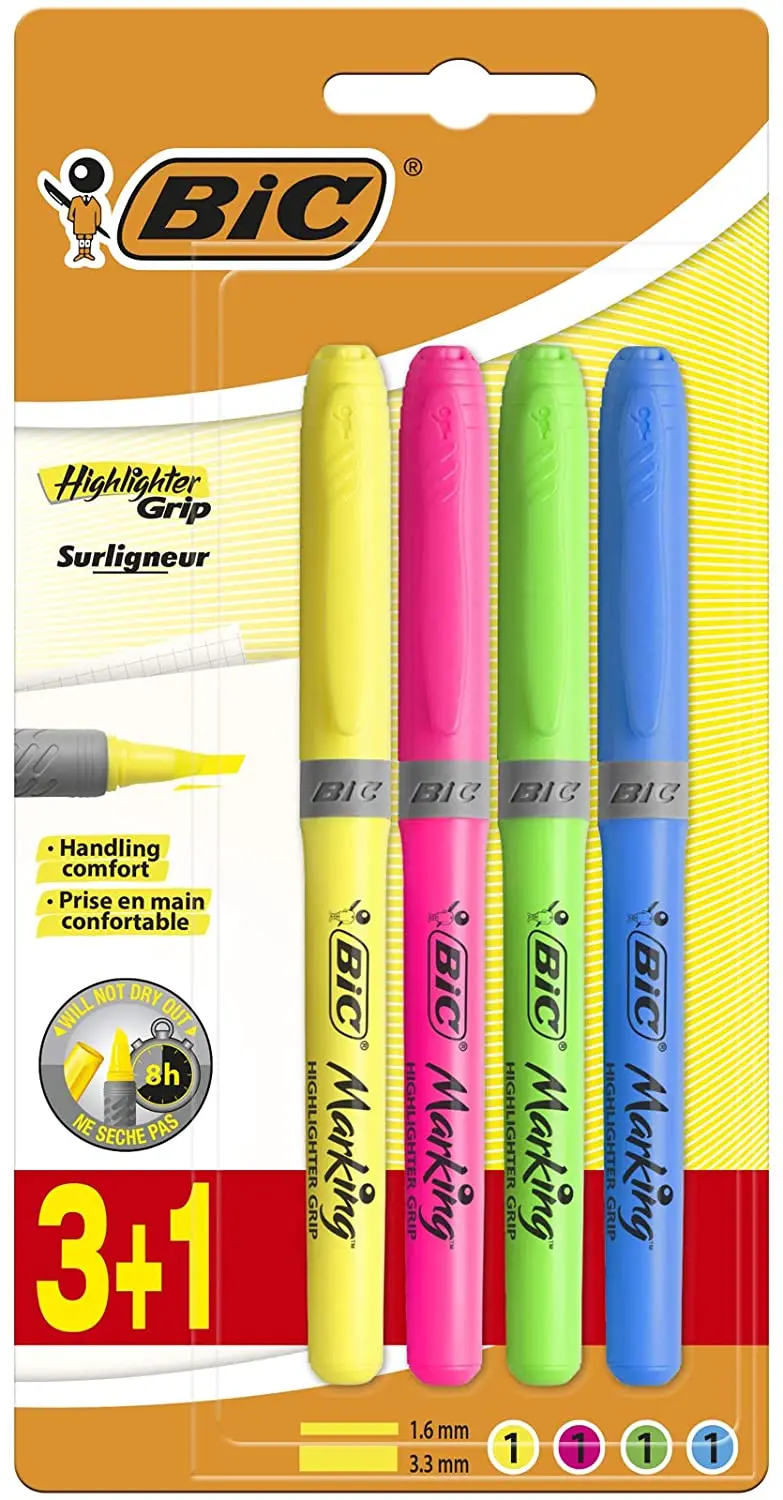 Bic Highlighter Grip Pack de 4 Marcadores Fluorescentes - Tinta con Base de Agua - Punta Biselada - 