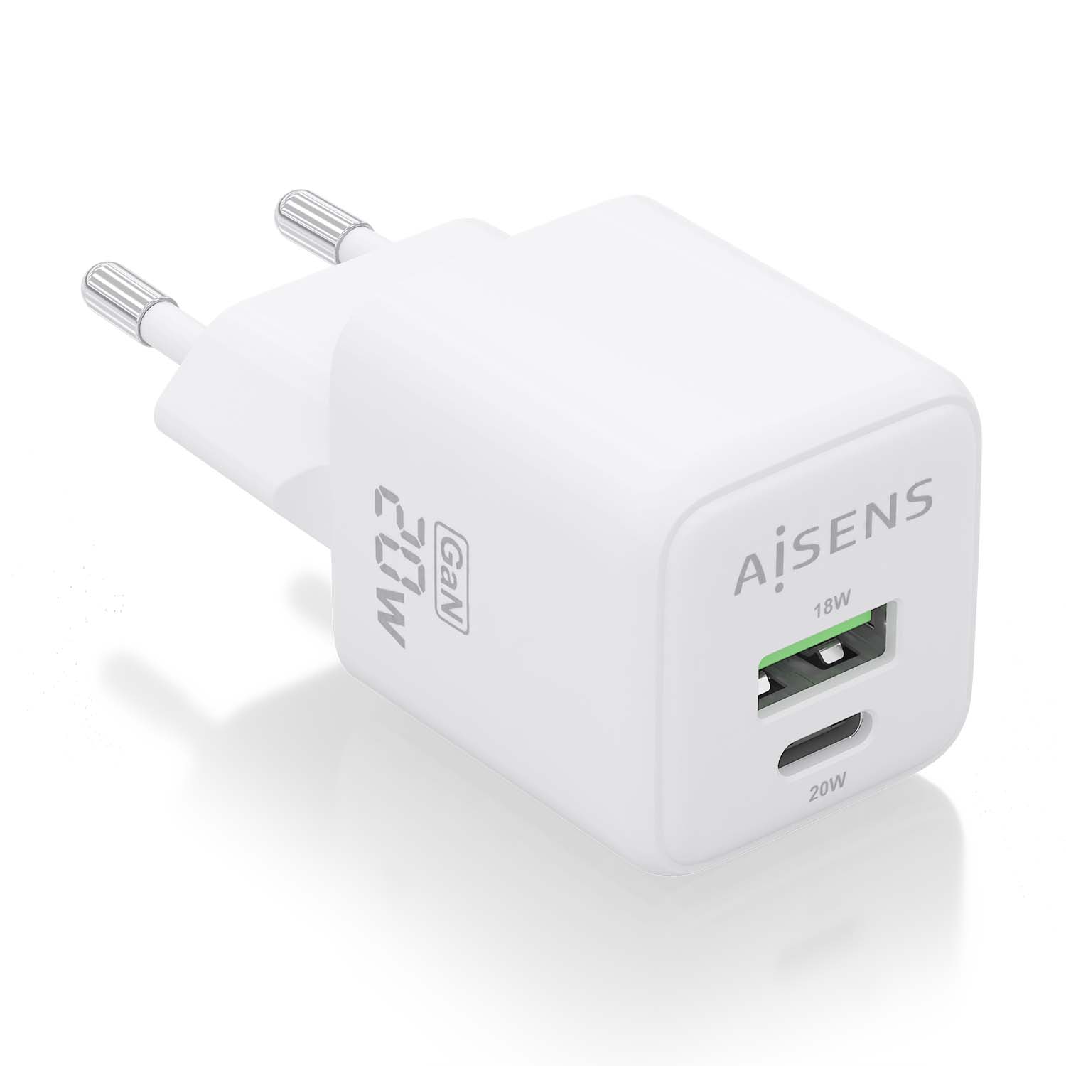 Aisens Cargador Gan 20W - 1xUSB-C PD3.0 QC4.0 - 1xUSB-A QC3.0 - Color Blanco