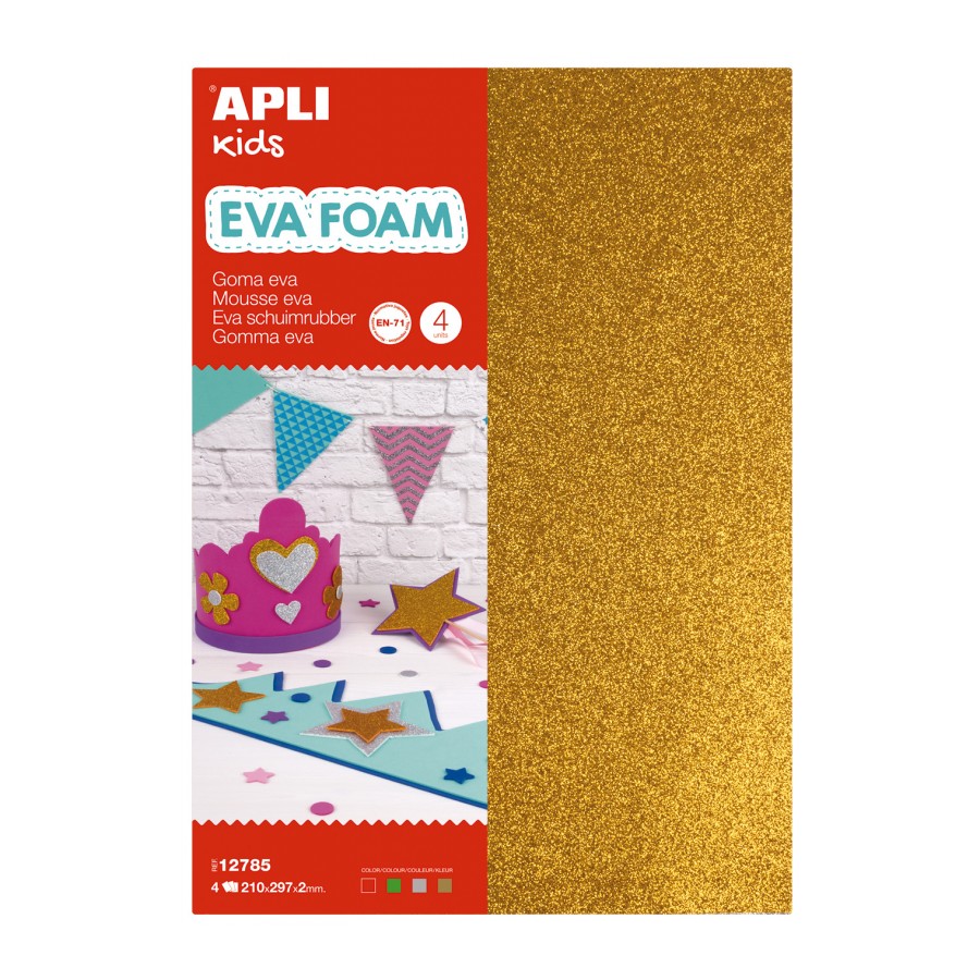 Apli Pack de 10 Goma Eva Purpurina A4 - Grosor 2 mm - Impremeable - Moldeable al Calor - Colores Sur