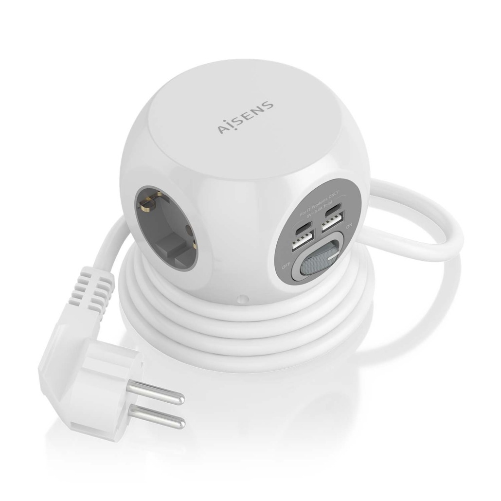 Aisens Regleta de Enchufes Sobremesa Multifuncion con 3 Tomas + 2xUSB-C - 2xUSB-A - 1.4m - Color Bla
