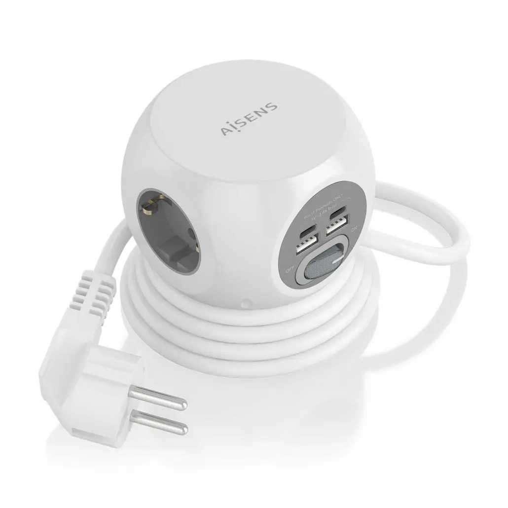 Aisens Regleta de Enchufes Sobremesa Multifuncion con 3 Tomas + 2xUSB-C - 2xUSB-A - 1.4m - Color Bla