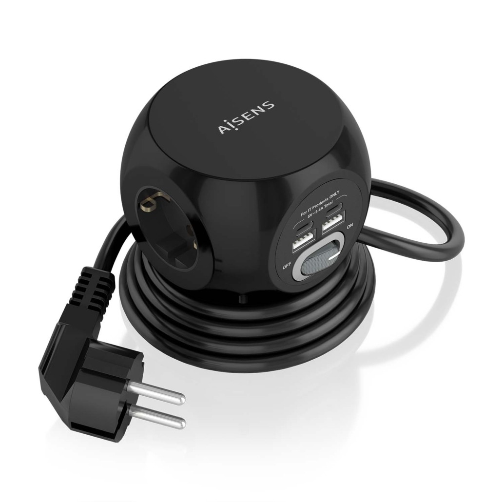 Aisens Regleta de Enchufes Sobremesa Multifuncion con 3 Tomas + 2xUSB-C - 2xUSB-A - 1.4m - Color Neg