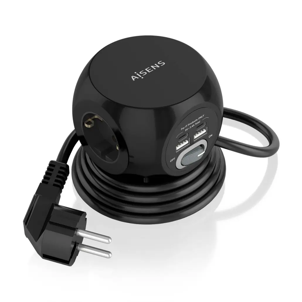 Aisens Regleta de Enchufes Sobremesa Multifuncion con 3 Tomas + 2xUSB-C - 2xUSB-A - 1.4m - Color Neg