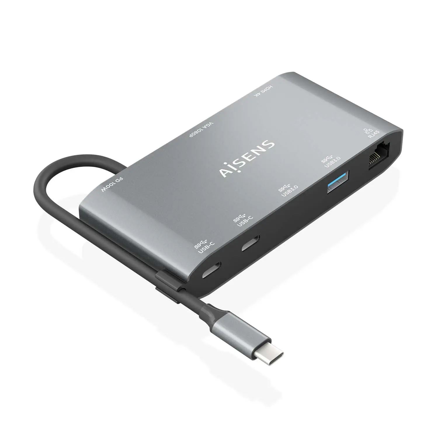 Aisens USB-C Dock 8 en 1 - USB-C a 1xHDMI - 1xVGA - 1xRJ45 - 2xUSB-A - 2xUSB-C 5G - 1xUSB-C PD - 20c