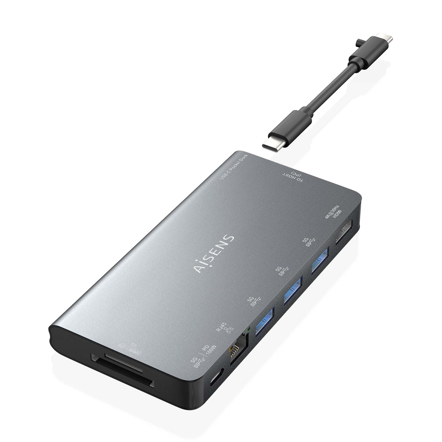 Aisens USB-C Dock 8 en 1 - USB-C a 1xHDMI - 1xRJ45 - 3xUSB-A - 1xUSB-C Datos+PD - 1xSD - 1xMicro SD 