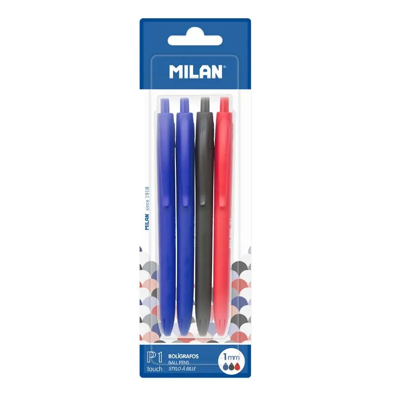 Milan P1 Touch Pack de 4 Boligrafos de Bola Retractiles - Punta Redonda 1mm - Tinta con Base de Acei