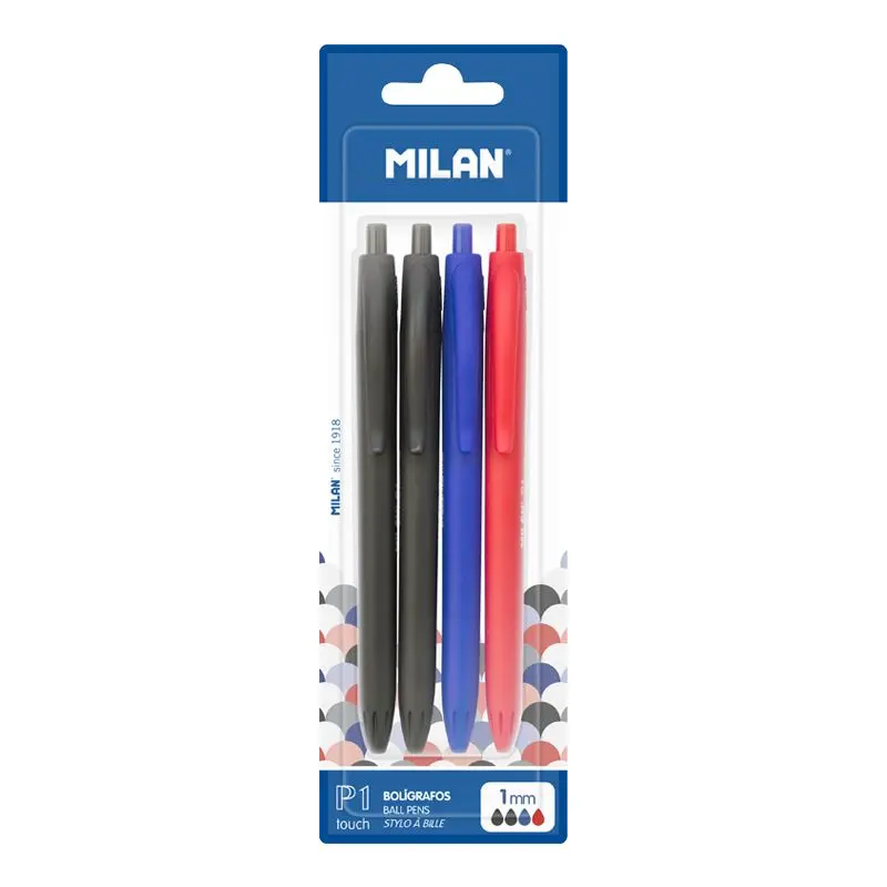 Milan P1 Touch Pack de 4 Boligrafos de Bola Retractiles - Punta Redonda 1mm - Tinta con Base de Acei