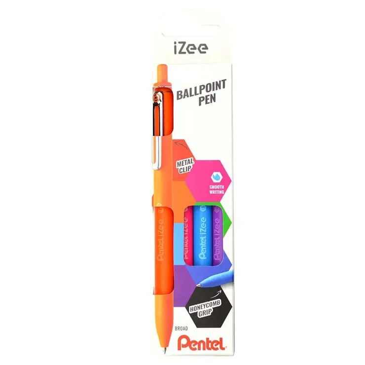 Pentel iZee Pack de 4 Boligrafos de Bola Retractiles - Punta 0.7mm - Trazo 0.35mm - Clip de Metal - 