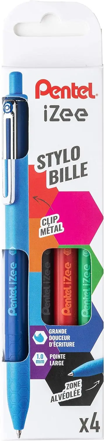 Pentel iZee Pack de 4 Boligrafos de Bola Retractiles - Punta 0.7mm - Trazo 0.35mm - Clip de Metal - 