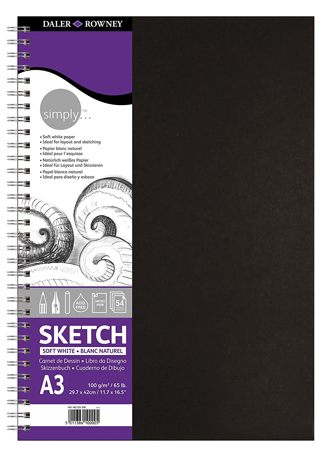 Daler Rowney Simply Cuaderno de Dibujo A3 - Cubierta Rigida con Encuadernacion en Espiral 100g/m2 - 