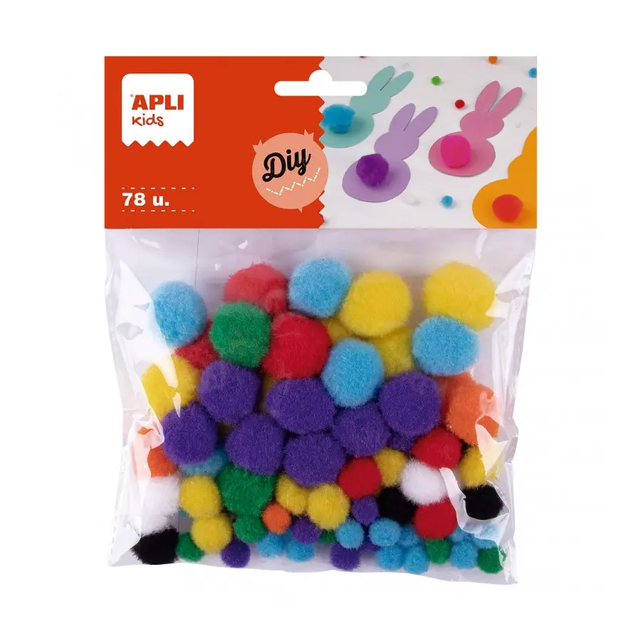 Apli Pack de 78 Pompones - Medidas Surtidas � 8 mm, � 10 mm, � 12 mm, � 15 mm y � 20 mm - Colores Su