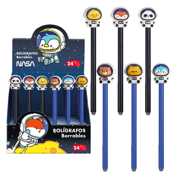 Dohe Expositor de 24 Boligrafos Tinta Borrable - Cuerpo Plastico Color - Tapa Decorada Astronautas-A