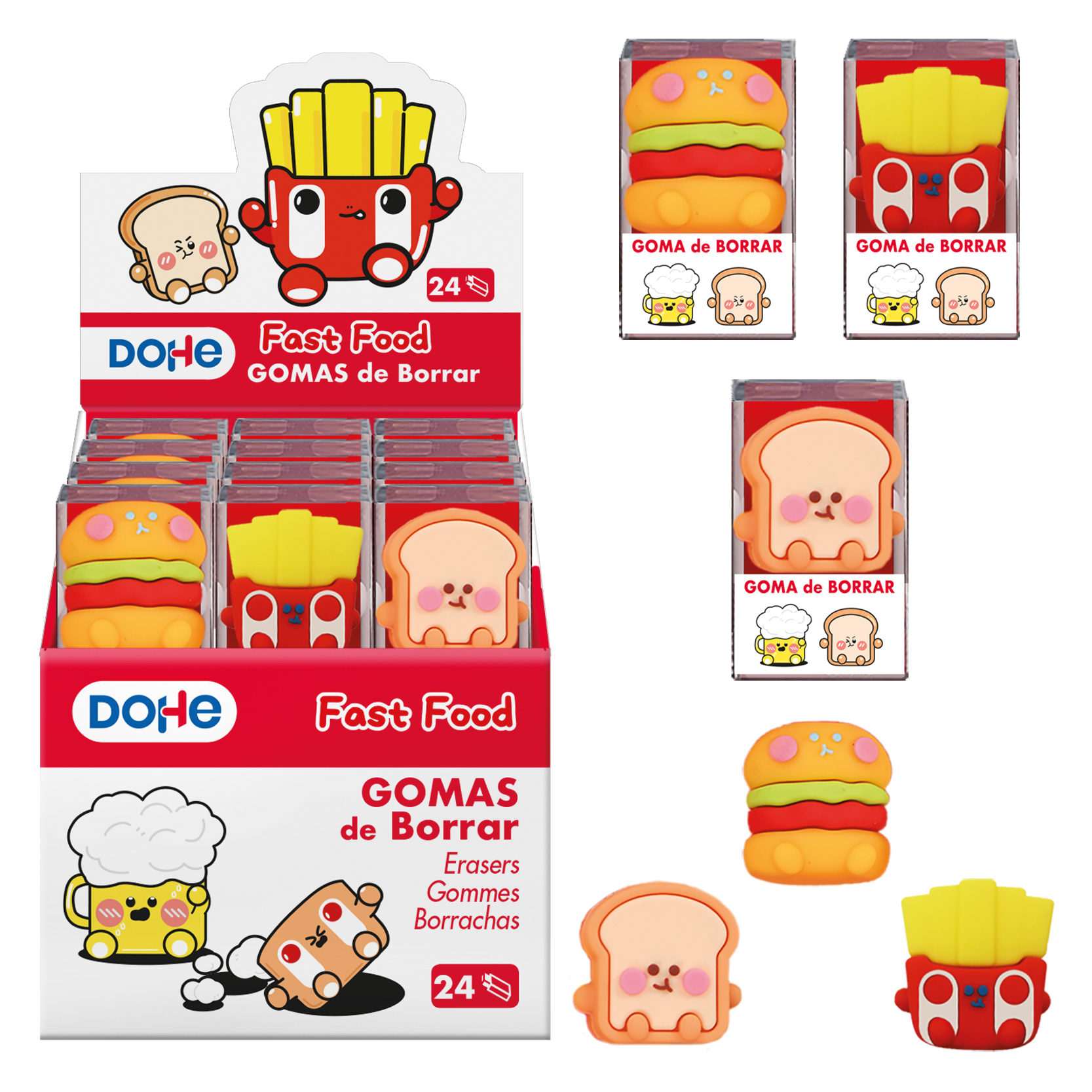 Dohe Expositor de 24 Gomas de Borrar en PVC con Forma de Alimentos - Suave Tacto - Caja Transparente