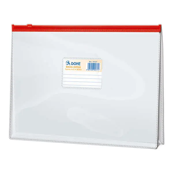Dohe Bolsa Zipper Apaisada PVC Transparente 200 Micras - Apertura Superior - Cierre Zip Hermetico - 