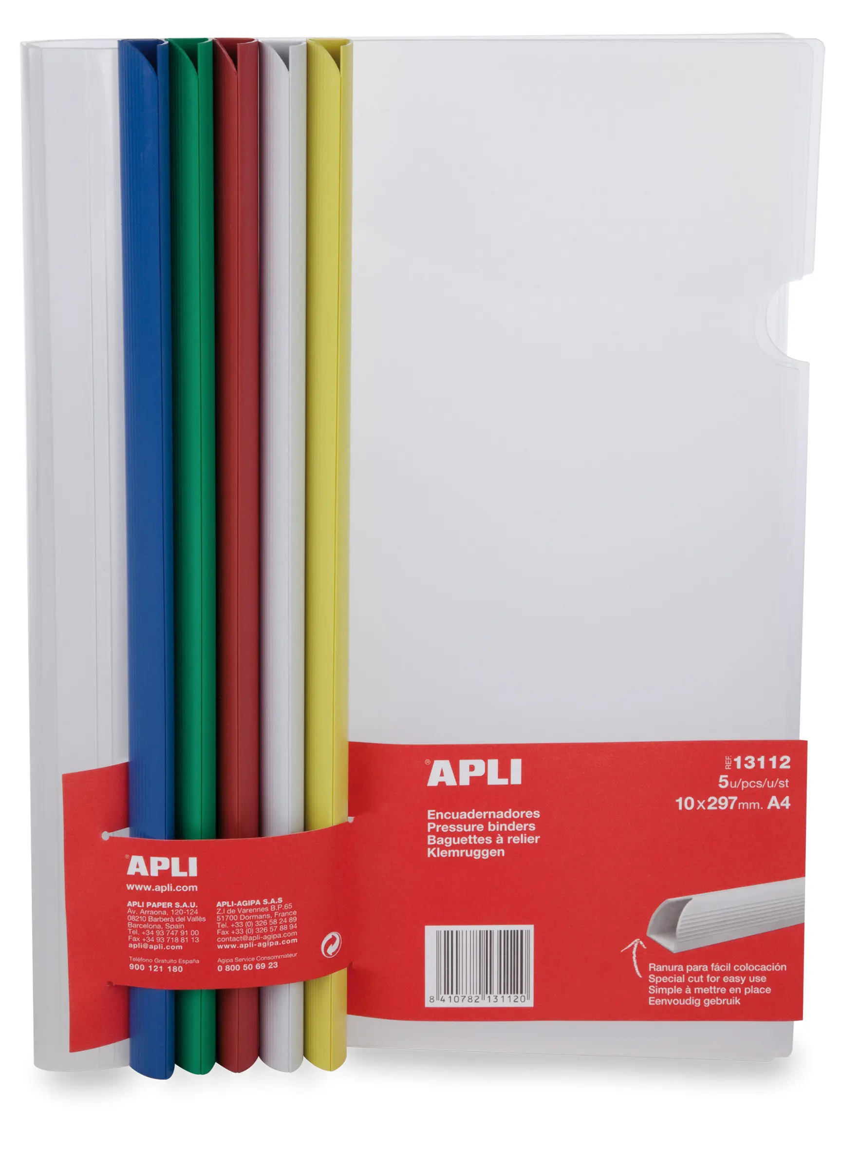 Apli Encuadernadores Deslizantes en Colores Surtidos 10x297mm con Funda Transparente - Ranura para F