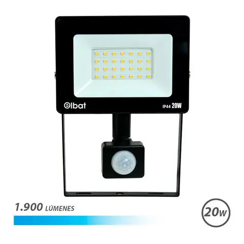 Elbat Foco LED con Sensor de Movimiento - Potencia: 20W - Lumenes: 1900 - Luz Fria 6.500K - Vida Uti