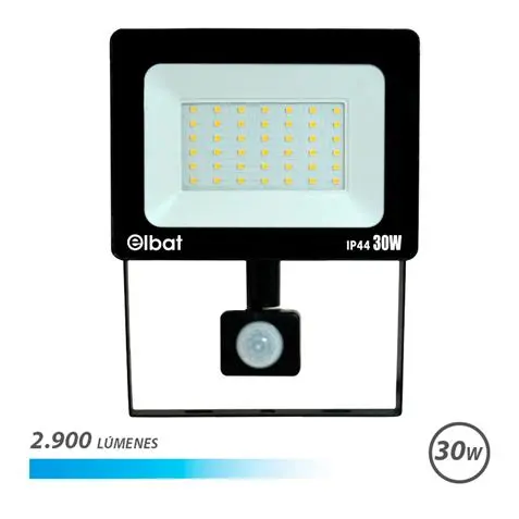 Elbat Foco LED con Sensor de Movimiento - Potencia: 30W - Lumenes: 2900 - Luz Fria 6.500K - Vida Uti