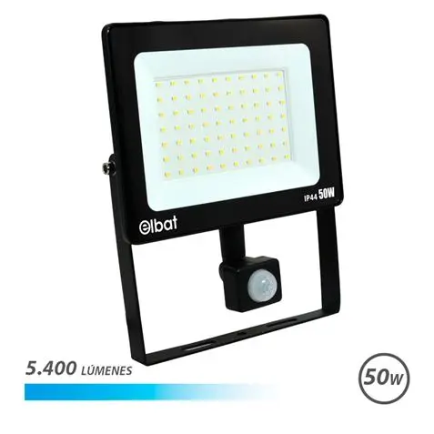 Elbat Foco LED de 50W - Potencia: 50W - Lumenes: 5400 - Sensor de Movimiento - 6.500K Luz Fria - 30.