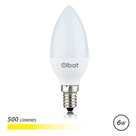 Elbat Bombilla LED - Potencia 6W - Lumenes 500 - Tipo de Luz 3000K Luz Calida - Casquillo E14 - Angu