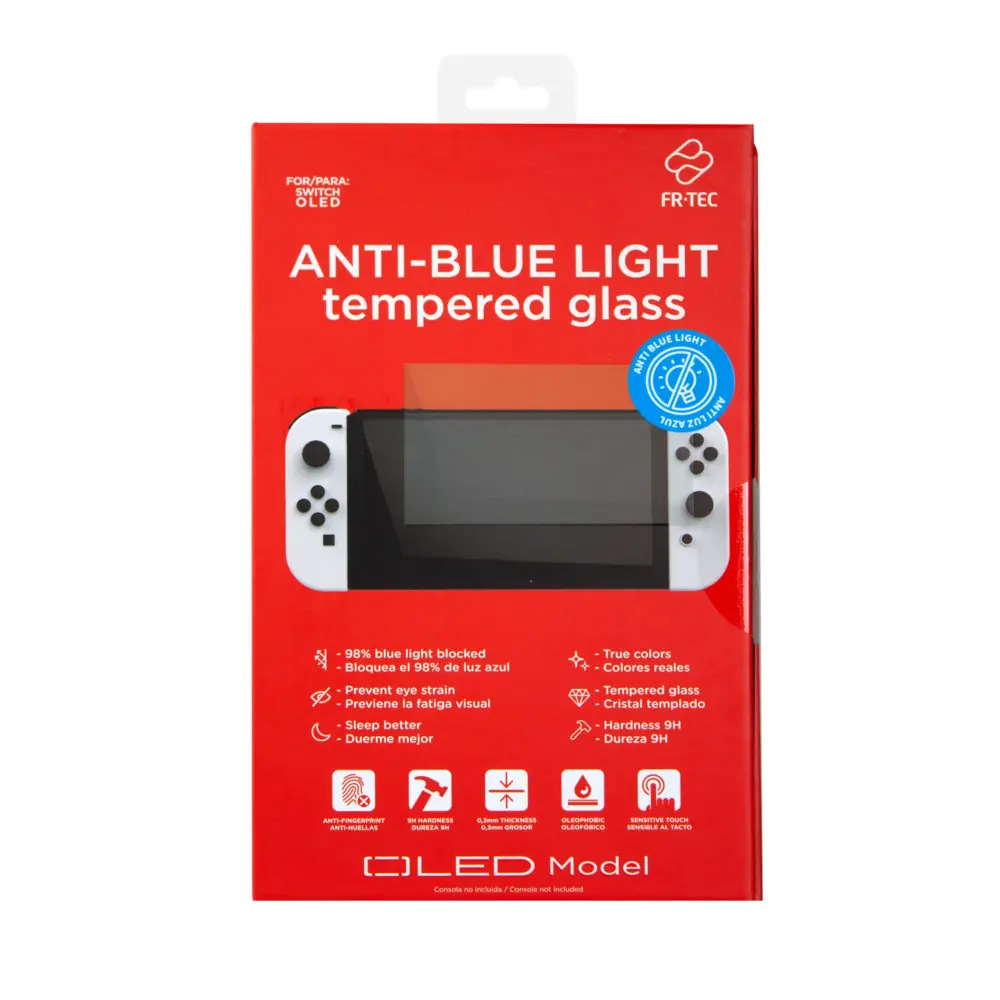 FR-TEC Cristal Templado Anti Luz Azul para Nintendo Switch Oled - Dureza H9 - Bloquea 98% Radiacion 