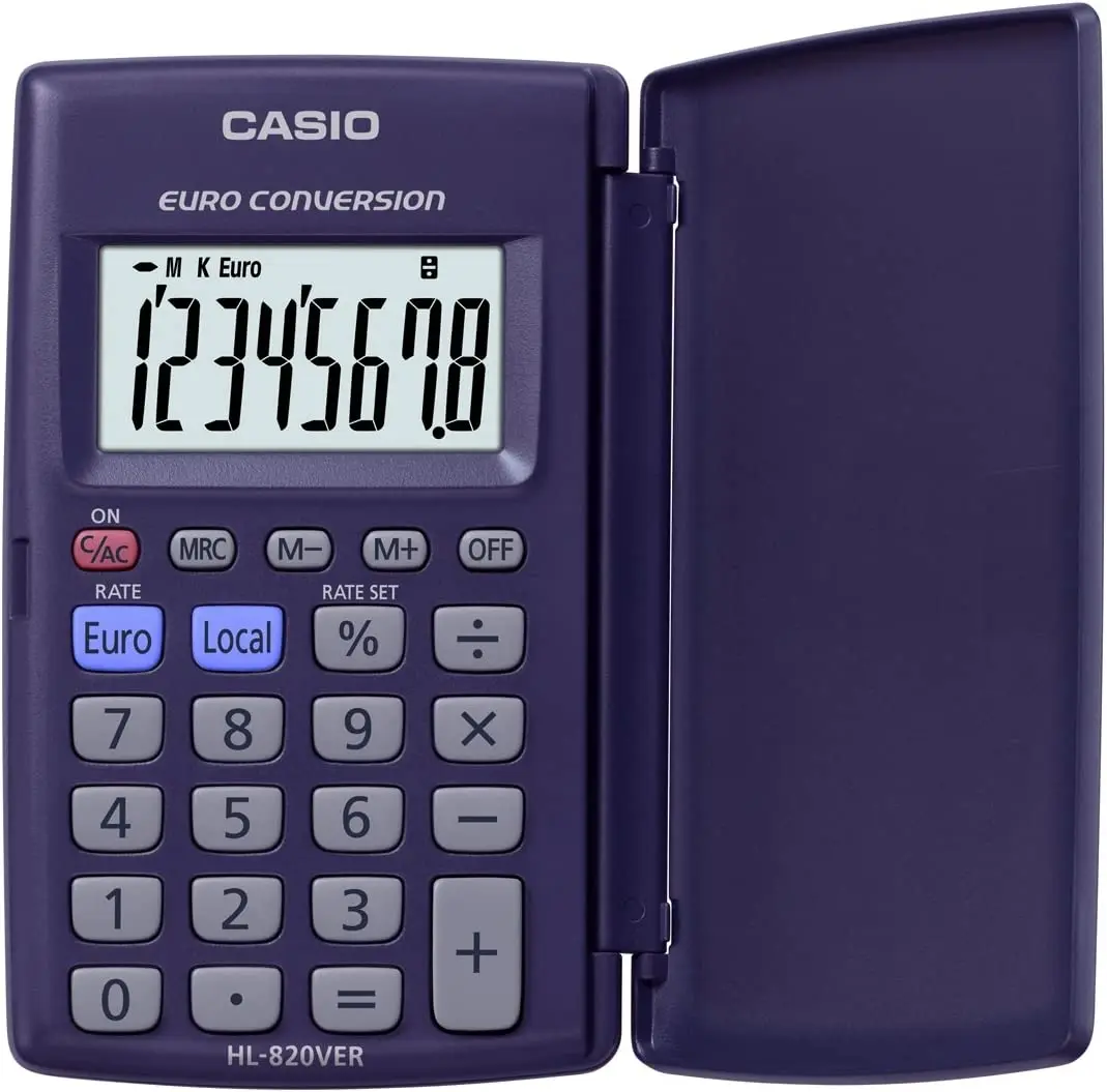 Casio HL820VER Calculadora con Tapa - Funcion Conversor de Euros - Pantalla LCD de 8 Digitos - Color