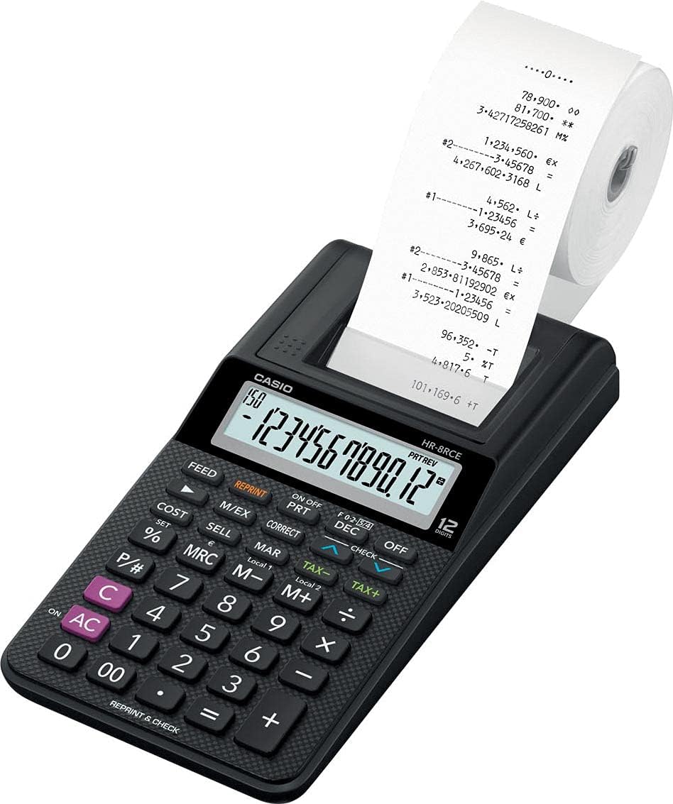 Casio HR-8RCE Calculadora Impresora de Sobremesa Compacta - Pantalla de 12 Digitos - Impresion de 2 