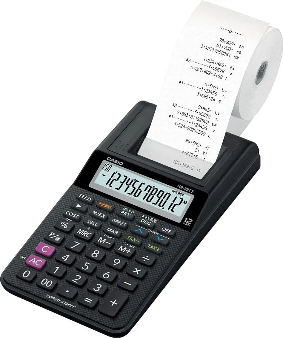 Casio HR-8RCE Calculadora Impresora de Sobremesa Compacta - Pantalla de 12 Digitos - Impresion de 2 