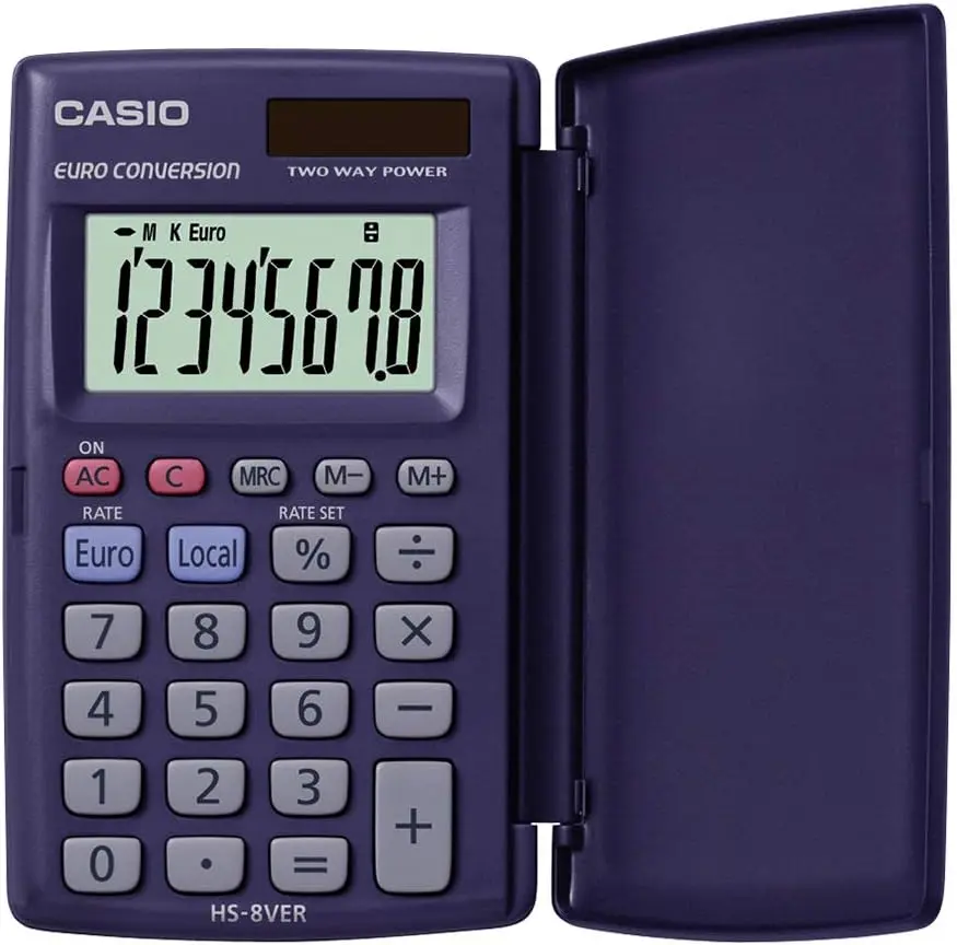 Casio HS-8VERA Calculadora de Bolsillo con Tapa - Pantalla LC Extragrande de 8 Digitos - Funcion Con