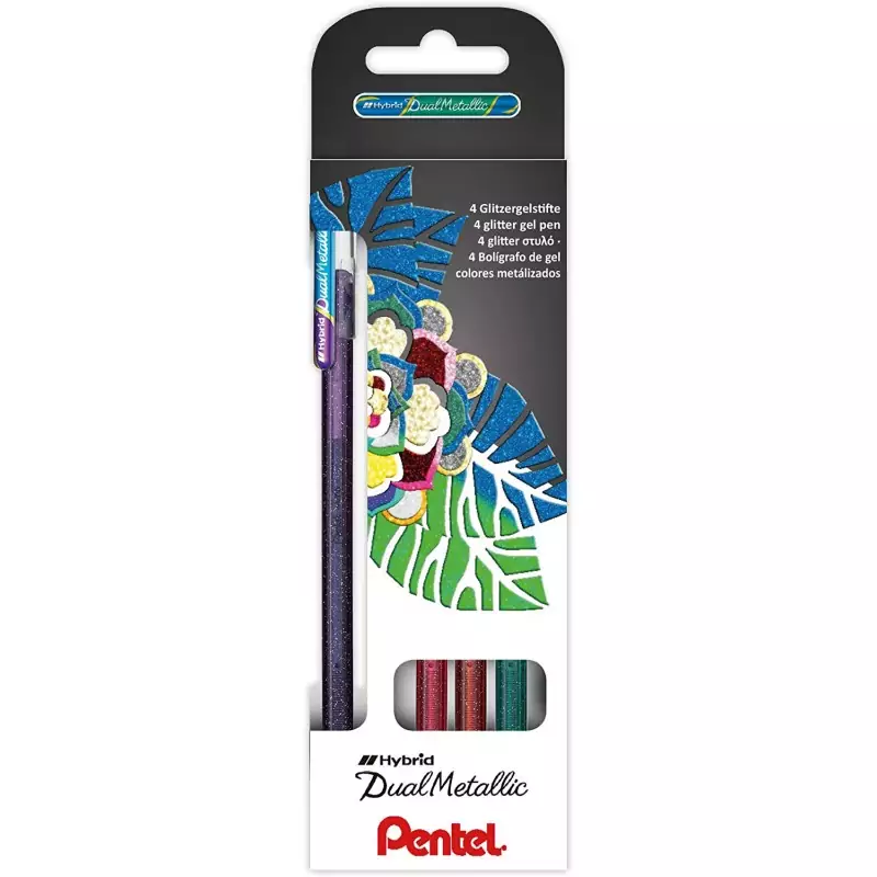 Pentel Hybrid Dual Metallic Pack de 4 Boligrafos de Bola con Tinta Gel Brillante - Punta 1mm - Trazo