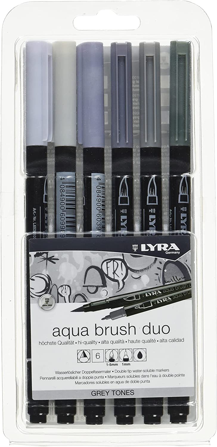 Lyra Aqua Brush Duo Pack 6 Rotuladores de Doble Punta - Trazos 1-5 y 1mm - Tinta Base de Agua - Colo