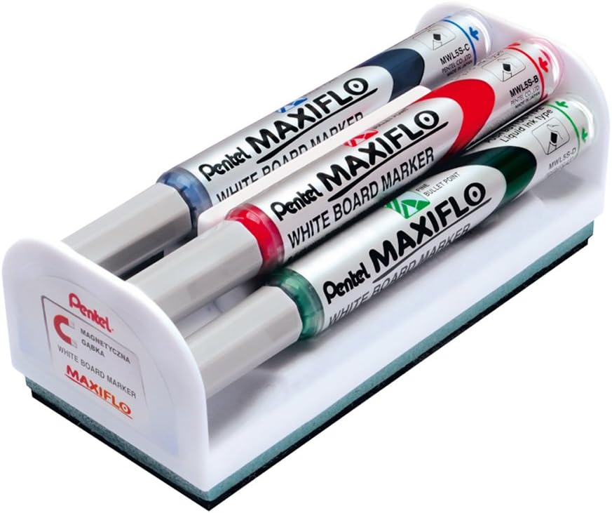 Pentel Maxiflo Pack de 4 Rotuladores para Pizarra Blanca + Borrador Magnetico - Punta de Bala - Anch