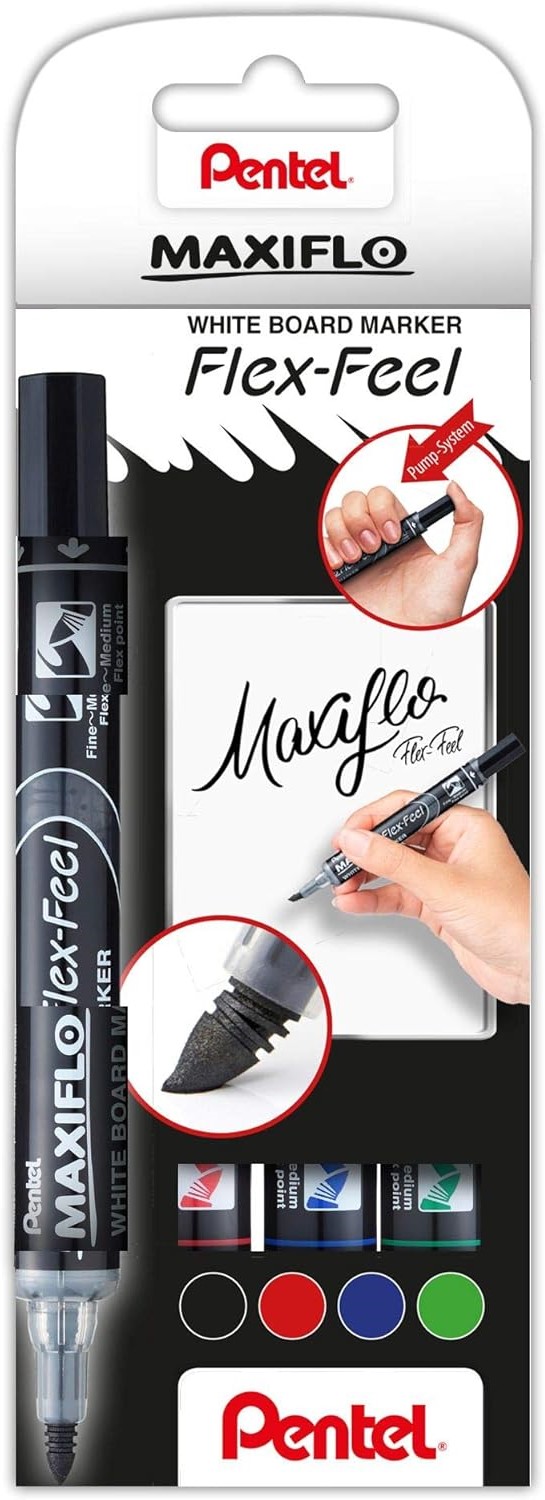 Pentel Maxiflo Flex-Feel Pack de 4 Rotuladores para Pizarra Blanca - Punta Flexible 4.6mm - Dosifica