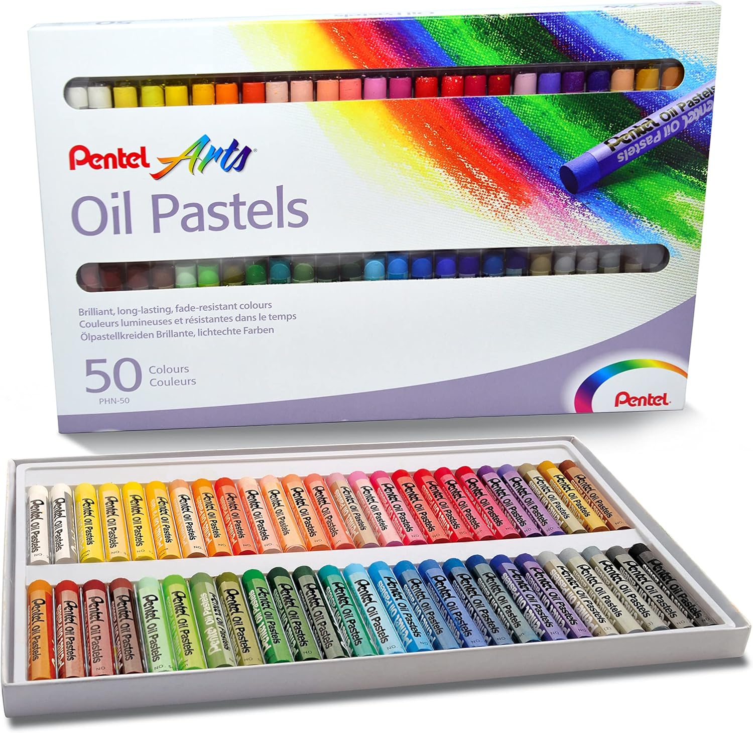 Pentel Oil Pastels Pack de 50 Pasteles Oleo - Blandos, Cremosos y de Secado Lento - Colores Surtidos