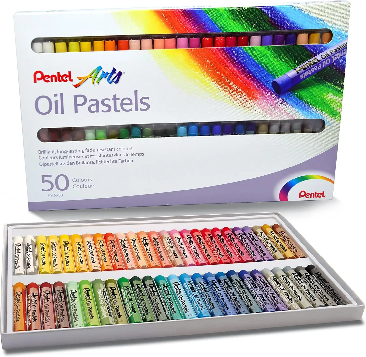 Pentel Oil Pastels Pack de 50 Pasteles Oleo - Blandos, Cremosos y de Secado Lento - Colores Surtidos