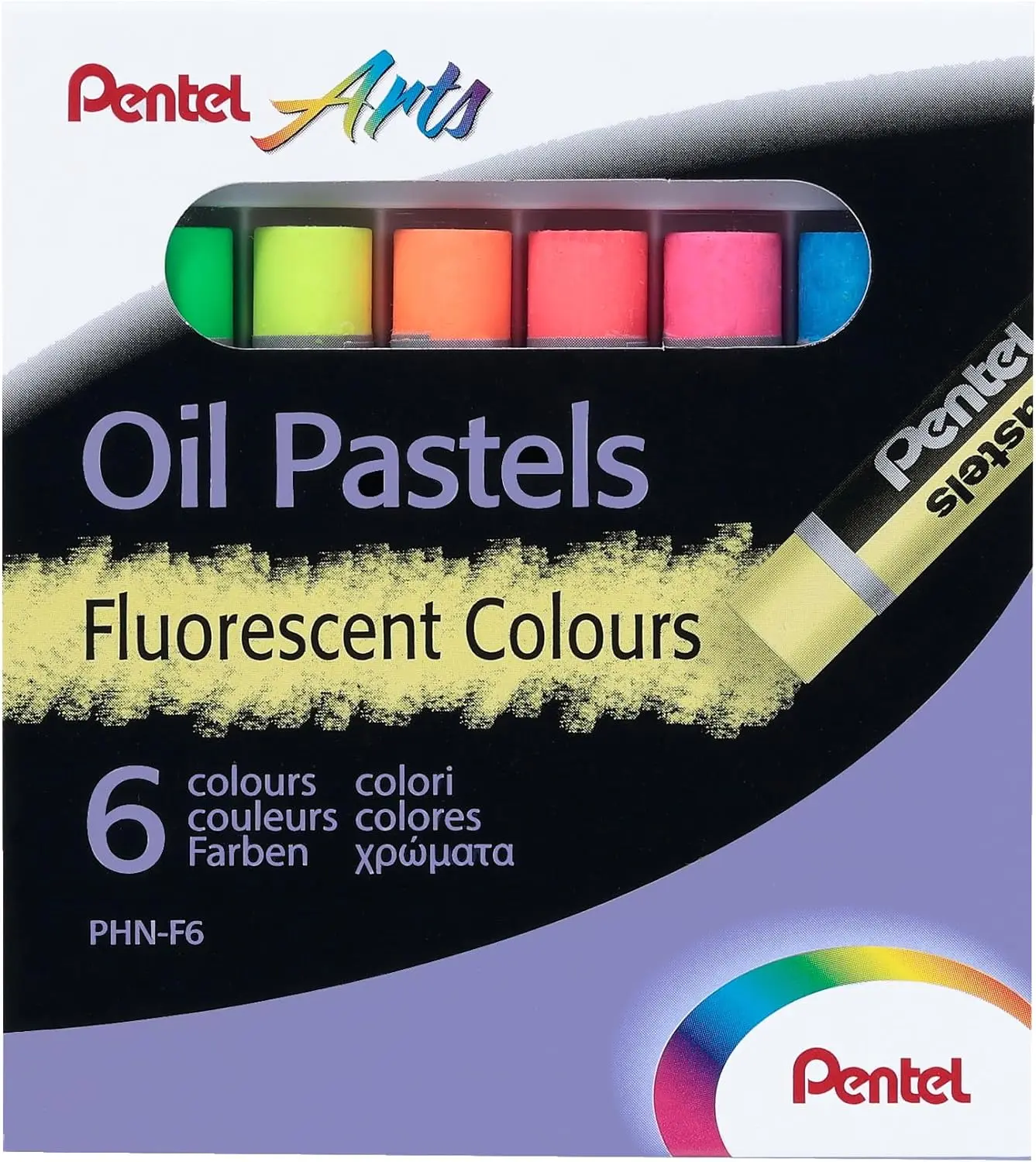 Pentel Oil Pastels Pack de 6 Pasteles Oleo Fluorescentes - Blandos, Cremosos y de Secado Lento - Col